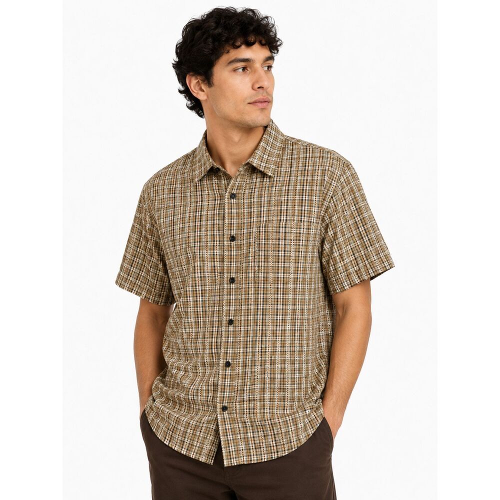 Urban Outfitters Men's XL Brown Plaid Short-Sleeve Button-Up Shirt 100% Cotton